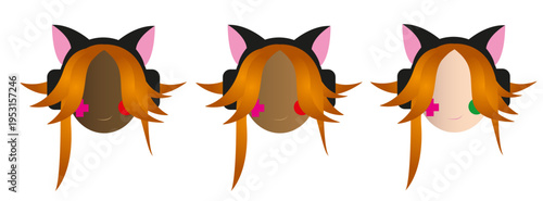 Set of Diverse Female Gamer Avatars with Cat Ear Headphones and Colorful Hair Vector Illustration