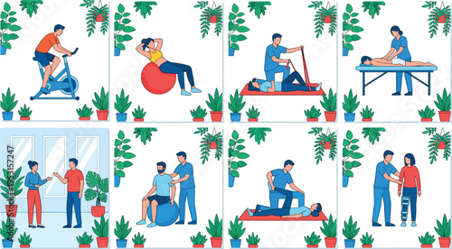 Set of physical therapy rehabilitation scenes with patients, doctors, medical exercises, massage, and fitness training icons flat vector illustration collection.