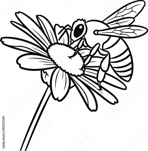 A delicate black and white line drawing of a flower with a hovering bee