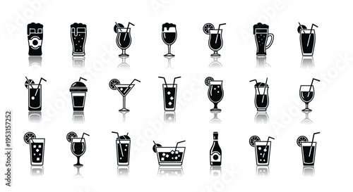 Collection of elegant glassware and drinkware in black and white silhouette style