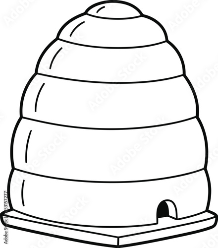 Illustration of a traditional hexagonal beehive with a small entrance hole