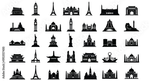 Iconic silhouettes of world-famous landmarks and city skylines in black and white