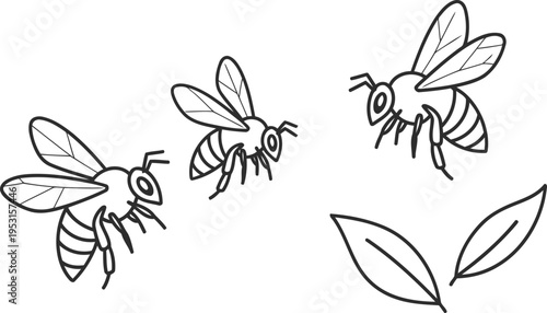 Three bees pollinating flowers in a natural setting