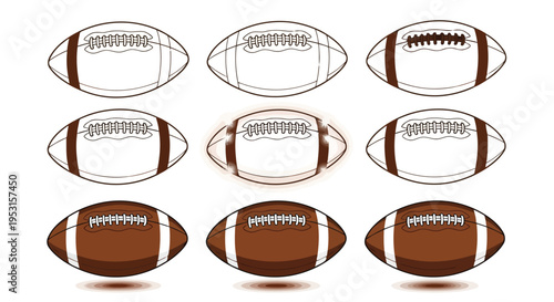 Collection of various footballs in different orientations and stitching patterns