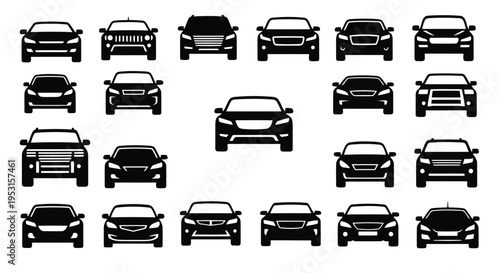 Diverse collection of front views of various car models in black and white