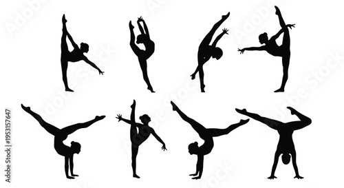 Dynamic silhouettes of gymnasts performing various acrobatic poses in mid-air