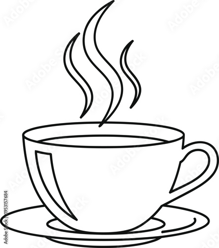 A simple black and white illustration of a steaming cup of coffee on a saucer