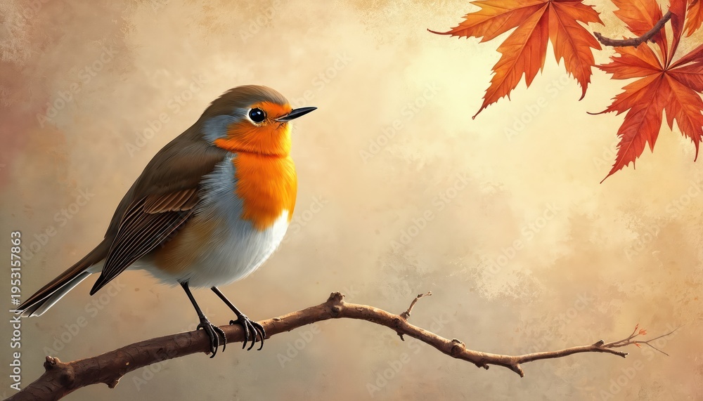 Obraz premium Small robin bird rests on tree branch with orange autumn leaves. Warm soft background. Delicate illustration artwork, beautiful nature wildlife scene.