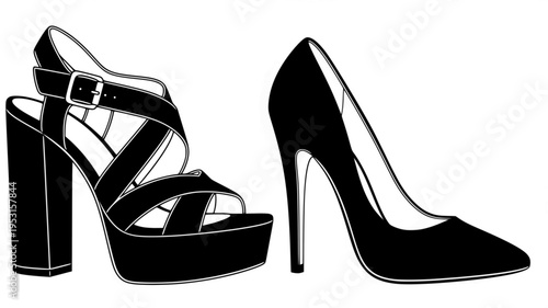 Two elegant high-heeled shoes, a platform sandal and a stiletto pump
