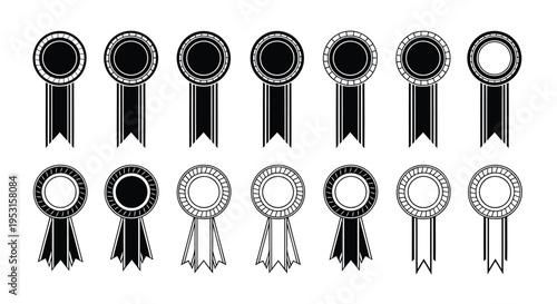 Collection of various ribbon-style achievement badges and medals in black and white