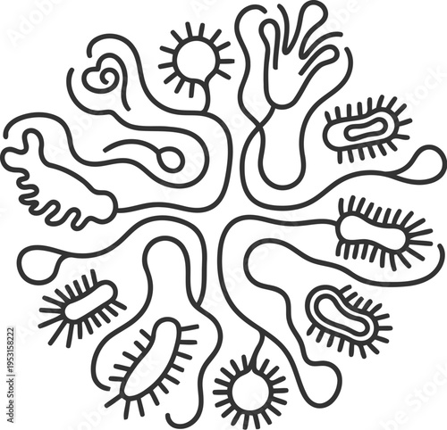 A stylized illustration of interconnected organic shapes resembling a brain or neural network