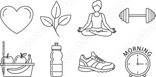 Illustrations representing various aspects of a healthy and balanced lifestyle.