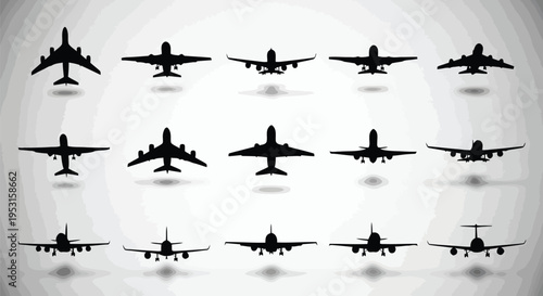 Diverse collection of silhouetted aircraft in flight formation against a light background
