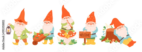 Cute hand drawn garden gnomes collection. Cartoon fairytale characters. Garden elves. Flat vector illustration