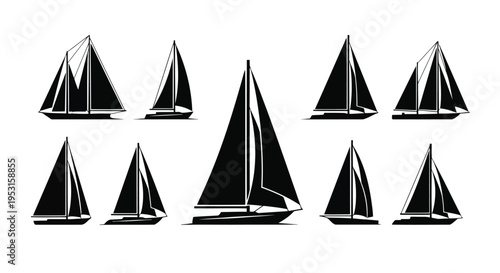 Collection of stylized sailboat silhouettes in various orientations and designs