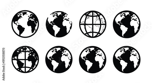 Collection of diverse globe designs with varying map projections and artistic styles