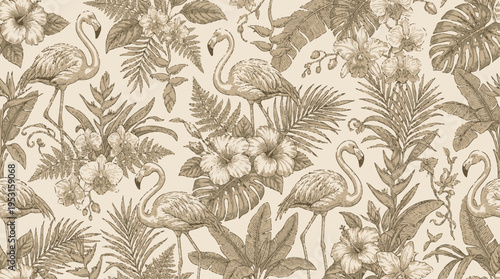 Seamless Tropical Flamingo Pattern with Floral Botanical Design
