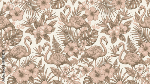 Seamless Tropical Flamingo Pattern with Floral Botanical Design