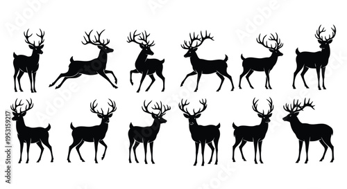 A collection of twelve stylized reindeer silhouettes in various poses and orientations