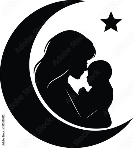 Silhouette caring mother cradling baby on crescent moon and star vector design