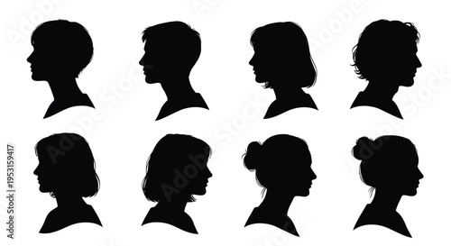 Silhouettes of diverse human profiles showcasing various hairstyles and headwear