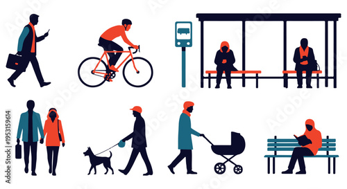 Set of 8 diverse urban lifestyle vector illustrations depicting people walking, cycling, waiting at a bus stop, strolling with a baby, and walking a dog