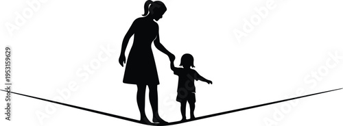 Silhouette mother and child balancing carefully on a tightrope vector design