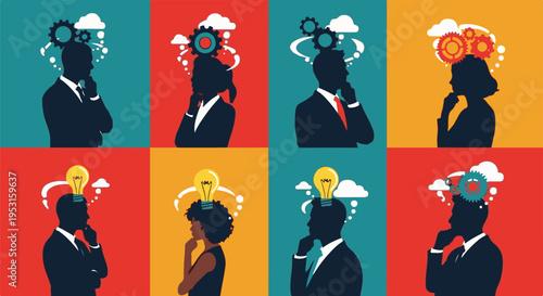 Set of 8 diverse business people silhouettes with thought process icons, representing brainstorming, ideas, and problem-solving in a vibrant vector illustration.