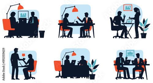 Set of 6 vector illustrations depicting business people in various office meeting and collaboration scenarios, ideal for corporate presentations, websites, and marketing materials.