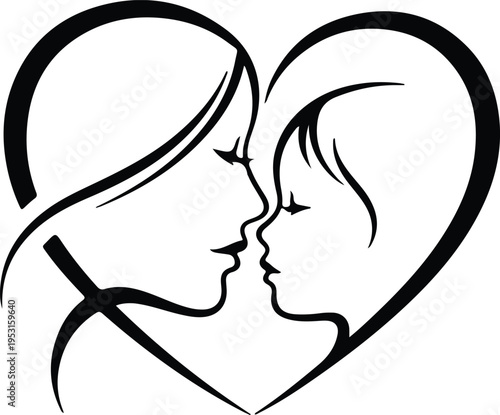 Silhouette mother and child embracing within a heart vector design