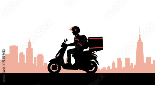 Silhouette vector illustration of a delivery person riding a scooter with a red delivery box against a city skyline background, perfect for food delivery and express service concepts.