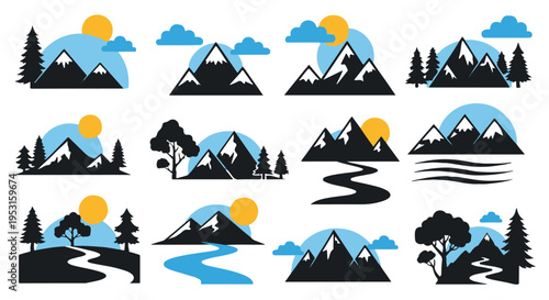 Set of 12 Minimalist Mountain Landscape Icons Vector with Sun, Clouds, Trees, and Rivers for Nature, Travel, and Outdoor Designs
