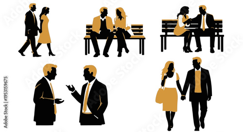 Set of 6 vector illustrations depicting couples and business people interacting, walking, and sitting on benches, in a minimalist two-tone black and gold silhouette style for relationship and