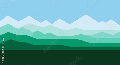 Minimalist Vector Landscape with Green Mountains and Blue Sky, Ideal for Website Backgrounds, Banners, or Nature-Themed Digital Projects