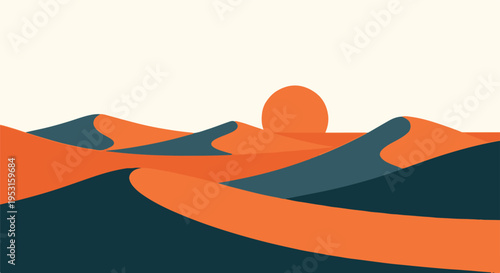 Minimalist desert landscape vector illustration with orange sand dunes and a setting sun against a light sky, ideal for web backgrounds and travel designs.