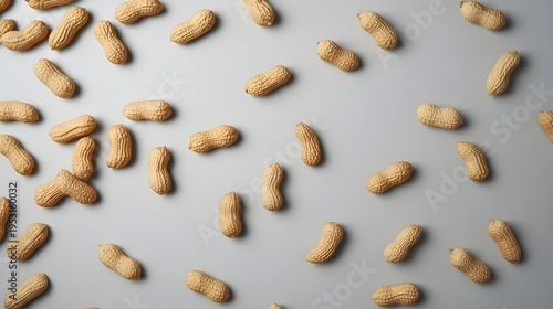 Top view of unshelled peanuts scattered on a clean gray background, creating a minimal food composition. Natural texture and earthy tones highlight a healthy snack and organic ingredient concept.