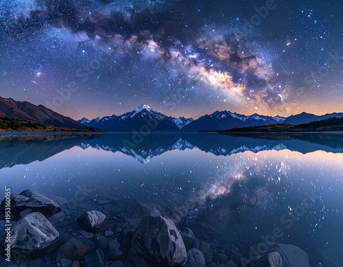 Milky Way galaxy over Mount Cook and Lake Pukaki reflection. New Zealand Southern Alps night landscape with sharp snow peaks and starry sky. Concept for purity, reflection, and travel.