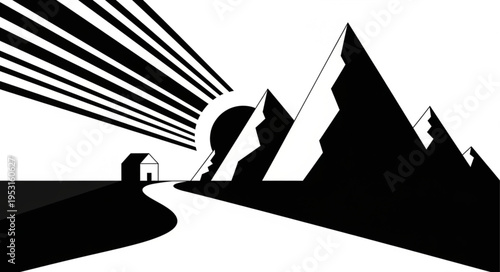 Truck Drives Through Mountain Roadway Silhouette.