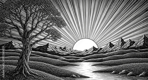 Tree standing alone in field landscape.