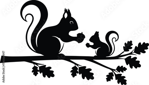 Silhouette mother squirrel and baby squirrel on an oak branch vector design