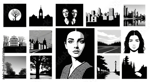 Woman in collage photo display.