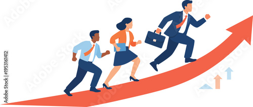 Business professionals running up a red arrow symbolizing growth and success
