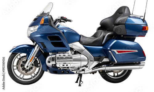  blue Honda Gold Wing touring motorcycle perfectly isolated on a pure white background studio lighting ultra sharp focus high resolution detailed bodywork chrome accents and wheels clean cutout style.