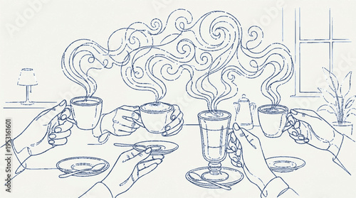 Hands holding steaming coffee cups around a table with saucers and glasses