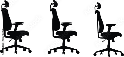 Ergonomic office chair silhouette set with headrest and wheels isolated on white background modern workspace furniture vector illustration collection