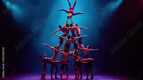 Human pyramid performance.  Acrobatic display of strength and teamwork