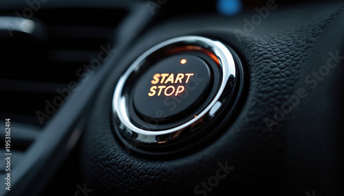 Car ignition start stop button glows orange on dark dashboard. Push button start system in modern auto interior. Chrome trim detail on luxury vehicle panel.