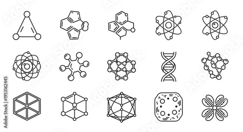 science line icons depicting molecular structures atomic models and dna ideal for educational content research and technology designs.