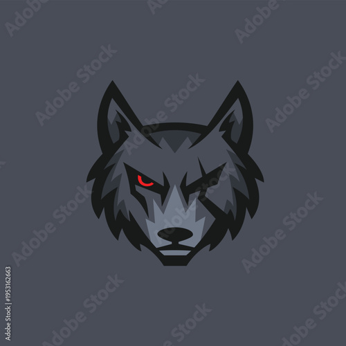a badass wolf head with a scar and red eye logo