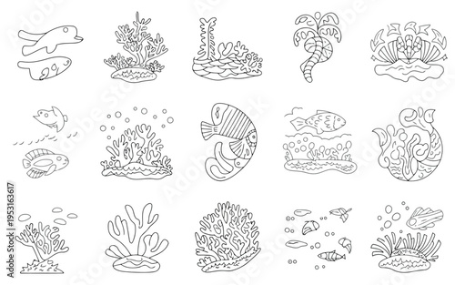 Diverse illustrations of coral reef structures and marine plant life in black and white Vector